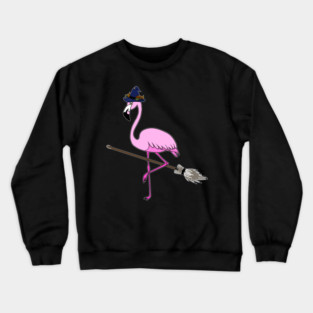 Flamingo Halloween Witch and Broomstick, Love Flamingos Crewneck Sweatshirt