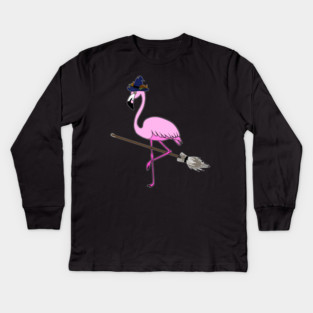 Flamingo Halloween Witch and Broomstick, Love Flamingos Kids Long Sleeve T-Shirt