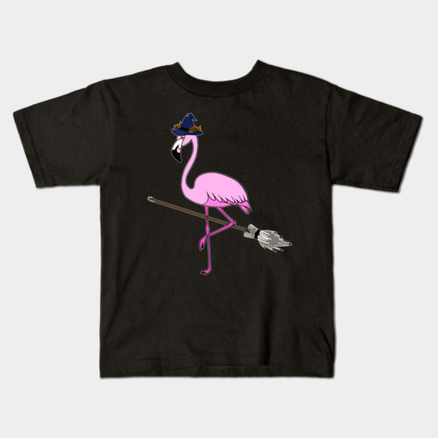 Flamingo Halloween Witch and Broomstick, Love Flamingos Kids T-Shirt by logiamerch