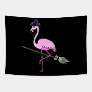 Flamingo Halloween Witch and Broomstick, Love Flamingos Tapestry