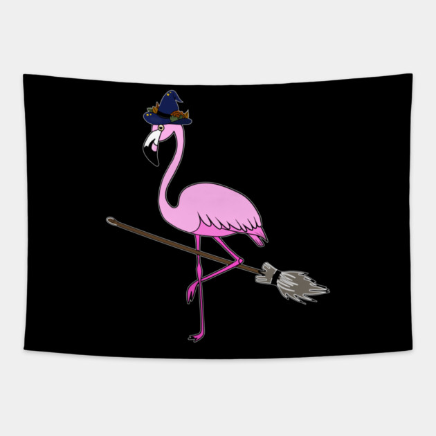 Flamingo Halloween Witch and Broomstick, Love Flamingos Tapestry by logiamerch