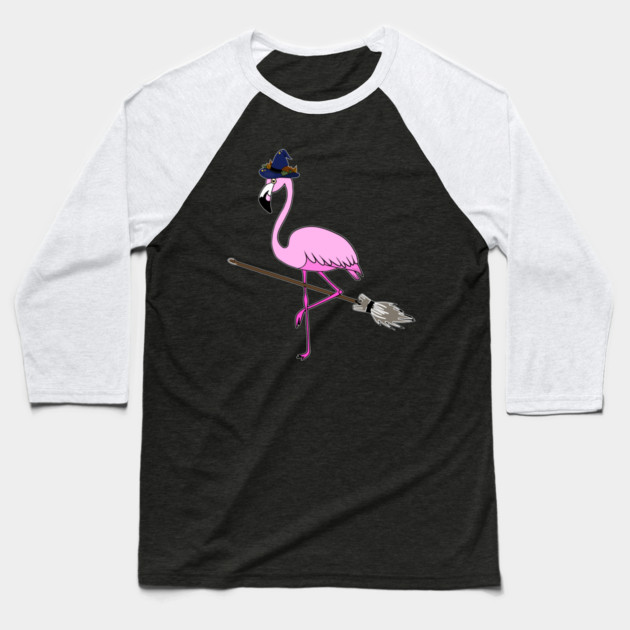 Flamingo Halloween Witch and Broomstick, Love Flamingos Baseball T-Shirt by logiamerch