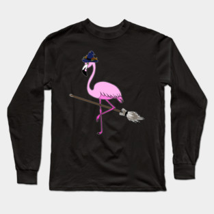 Flamingo Halloween Witch and Broomstick, Love Flamingos Long Sleeve T-Shirt