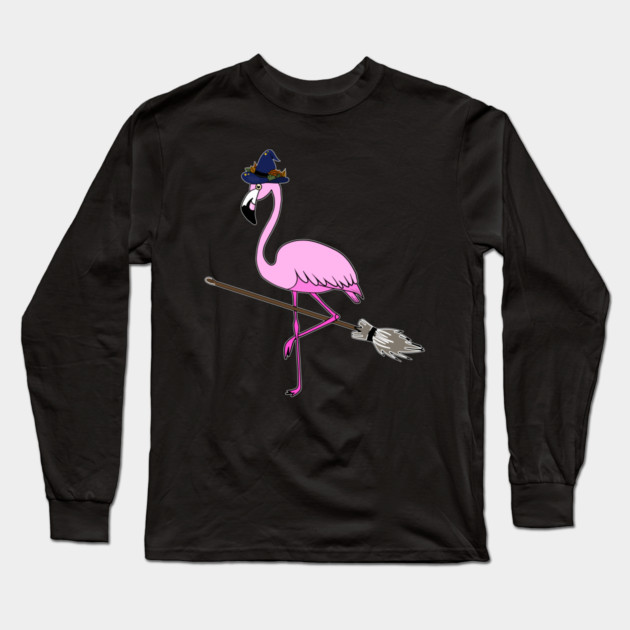 Flamingo Halloween Witch and Broomstick, Love Flamingos Long Sleeve T-Shirt by logiamerch