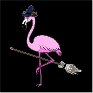 Flamingo Halloween Witch and Broomstick, Love Flamingos Posters and Art