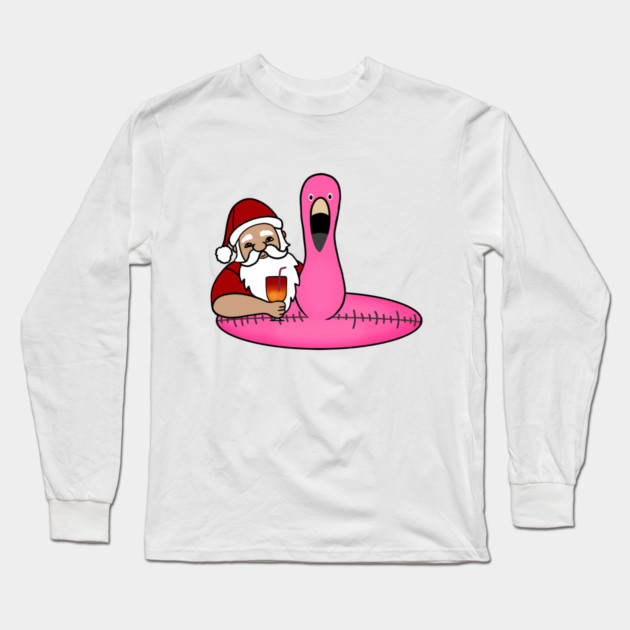 Funny Santa on Vacation, Xmas Flamingo Tropical Long Sleeve T-Shirt by logiamerch