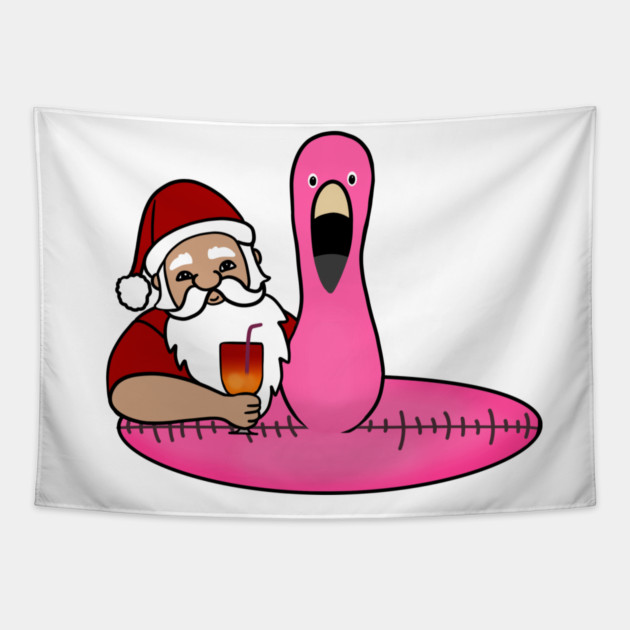 Funny Santa on Vacation, Xmas Flamingo Tropical Tapestry by logiamerch