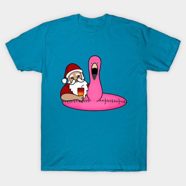 Funny Santa on Vacation, Xmas Flamingo Tropical T-Shirt by logiamerch