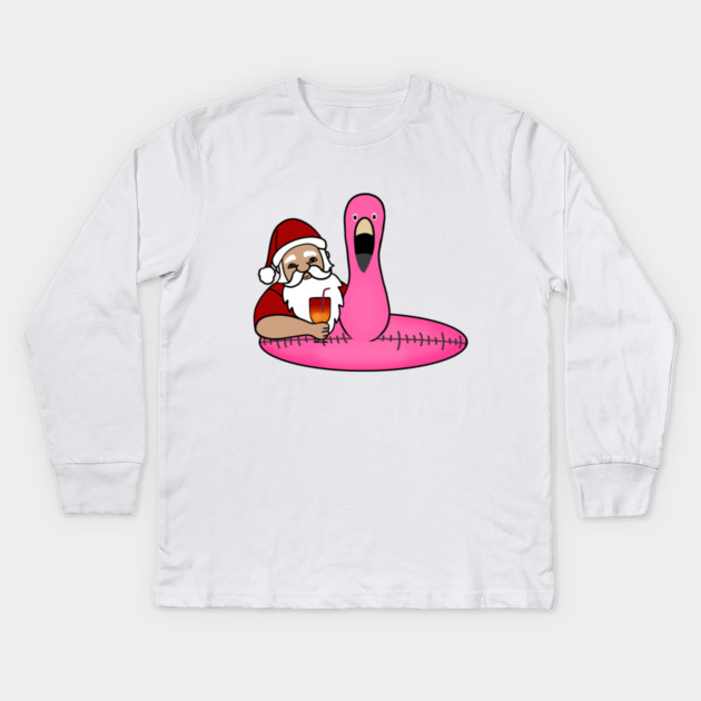 Funny Santa on Vacation, Xmas Flamingo Tropical Kids Long Sleeve T-Shirt by logiamerch