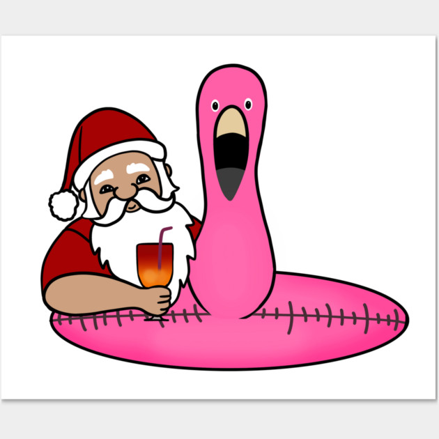 Funny Santa on Vacation, Xmas Flamingo Tropical Wall Art by logiamerch