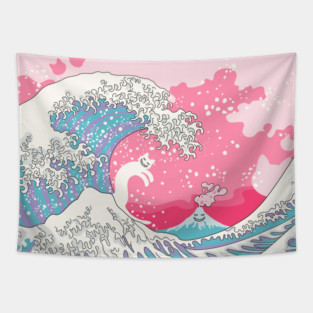 Psychodelic Bubblegum Kunagawa Surfer Cat Tapestry