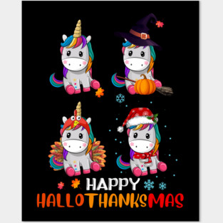 Unicorn Halloween And Merry Christmas Happy Hallothanksmas Posters and Art