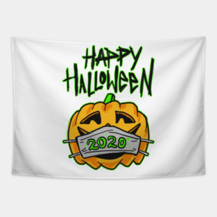 Funny Happy Halloween 2020 Carved Pumpkin with Mask Tapestry