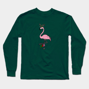 Flamingo Christmas, Deer Antlers, Festive Gift Long Sleeve T-Shirt