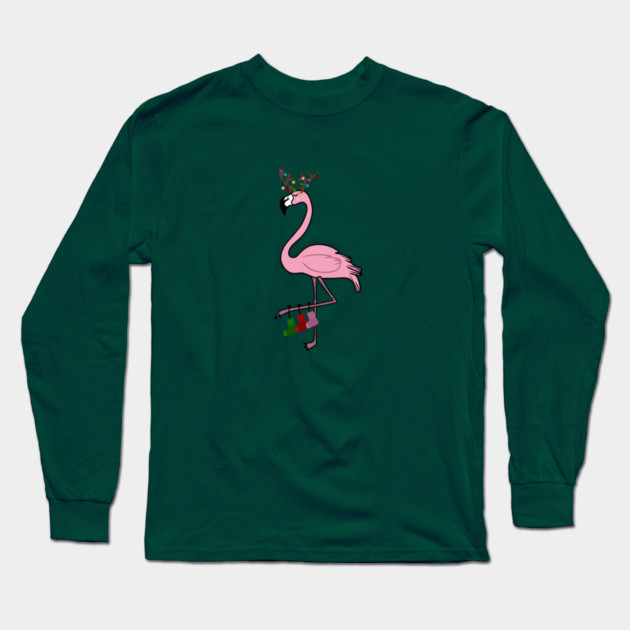 Flamingo Christmas, Deer Antlers, Festive Gift Long Sleeve T-Shirt by logiamerch