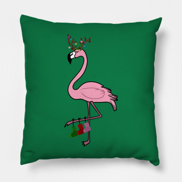 Flamingo Christmas, Deer Antlers, Festive Gift Pillow by logiamerch