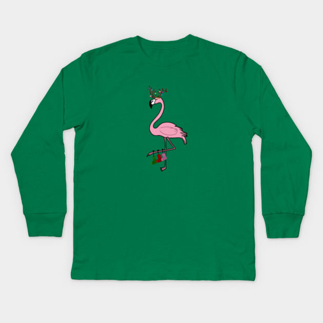 Flamingo Christmas, Deer Antlers, Festive Gift Kids Long Sleeve T-Shirt by logiamerch