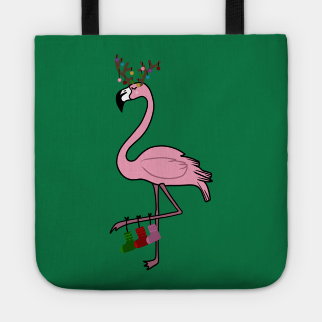 Flamingo Christmas, Deer Antlers, Festive Gift Tote by logiamerch