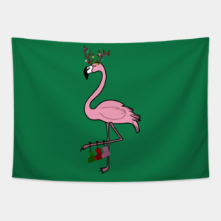 Flamingo Christmas, Deer Antlers, Festive Gift Tapestry