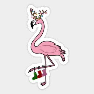 Flamingo Christmas, Deer Antlers, Festive Gift Sticker