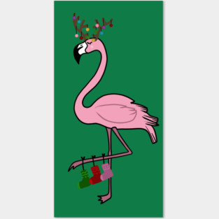 Flamingo Christmas, Deer Antlers, Festive Gift Posters and Art
