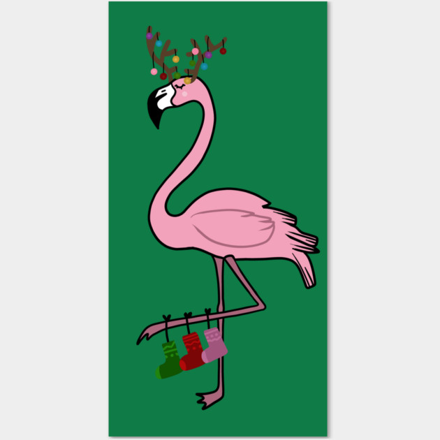 Flamingo Christmas, Deer Antlers, Festive Gift Wall Art by logiamerch