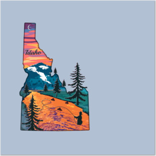 Fly Fishing Idaho State Map Mountain Sunset River Retro Posters and Art
