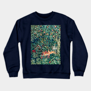 GREENERY, FOREST ANIMALS Hares Blue Green Red Floral Tapestry Crewneck Sweatshirt