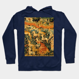 MEDIEVAL DEER HUNTING SCENE WITH LADIES AND DOGS Antique Flemish Tapestry Hoodie