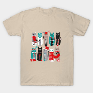 Feline Christmas vibes // print // dark teal background grey mint white brown and black kittens T-Shirt