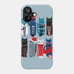 Feline Christmas vibes // print // blue background blue white and black kittens Phone Case