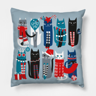 Feline Christmas vibes // print // blue background blue white and black kittens Pillow