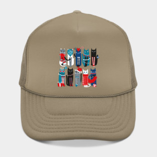 Feline Christmas vibes // print // blue background blue white and black kittens Hat