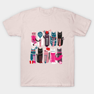 Feline Christmas vibes // print // pink background green fuchsia pink white and black kittens T-Shirt