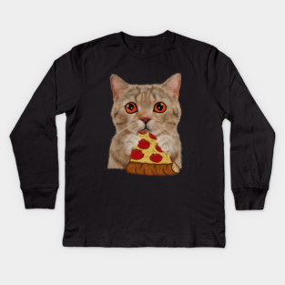 Cute Cat Eating Pizza Kids Long Sleeve T-Shirt