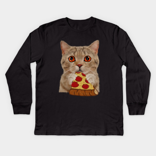 Cute Cat Eating Pizza Kids Long Sleeve T-Shirt by logiamerch