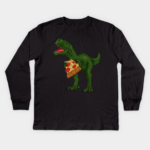 T-rex Dinosaur Eating Pizza Kids Long Sleeve T-Shirt by logiamerch