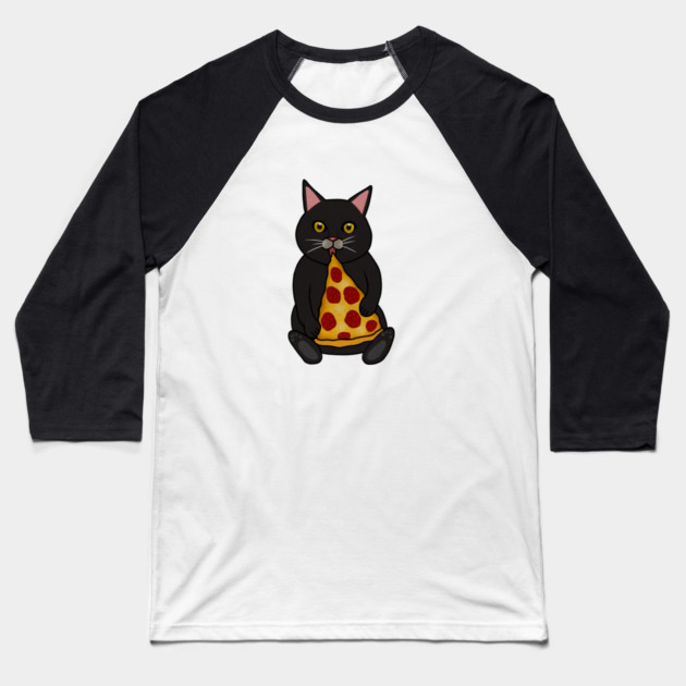 Black Cat Eating Pizza, Funny Baseball T-Shirt by logiamerch