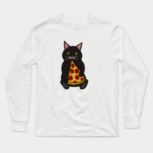 Black Cat Eating Pizza, Funny Long Sleeve T-Shirt