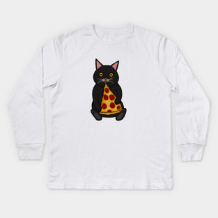 Black Cat Eating Pizza, Funny Kids Long Sleeve T-Shirt