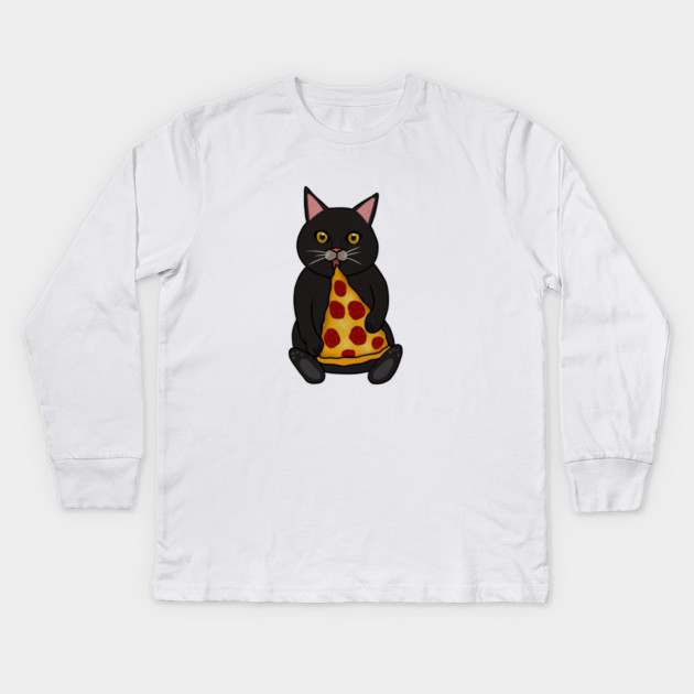 Black Cat Eating Pizza, Funny Kids Long Sleeve T-Shirt by logiamerch