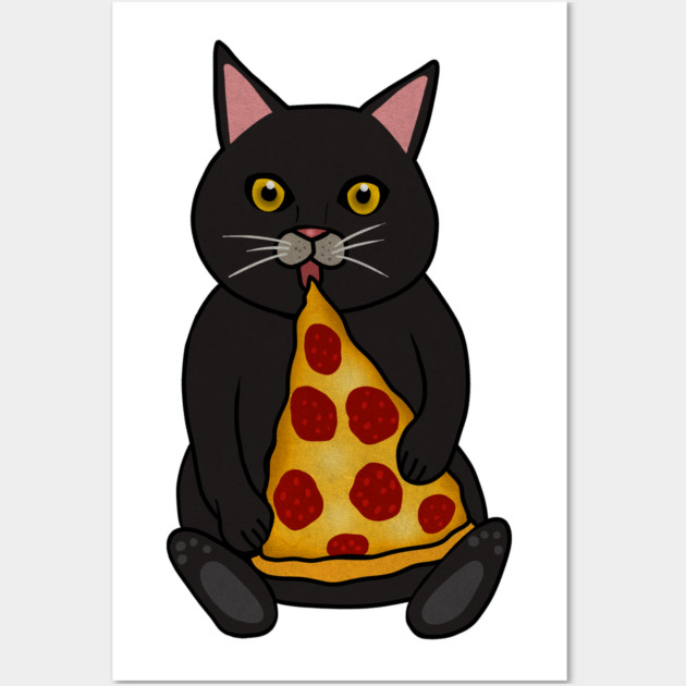 Black Cat Eating Pizza, Funny Wall Art by logiamerch