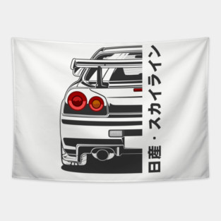 Nissan Skyline GTR R34 Line Art Illustration Tapestry