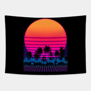 80s Vaporwave Palm Trees Sunset Tapestry