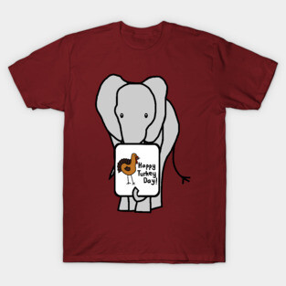 Big Gray Elephant with Thanksgiving Turkey Greetings T-Shirt