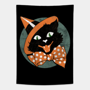 Vintage Halloween Cat -  Spooky Black Cat Tapestry
