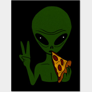 Funny Alien Eating Pizza Halloween Gift Posters and Art