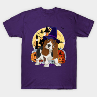 Basset Hound Scary Dog Halloween Witch Pumpkin T-Shirt