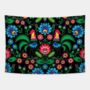 Polish traditional ornament on the black background Tapestry