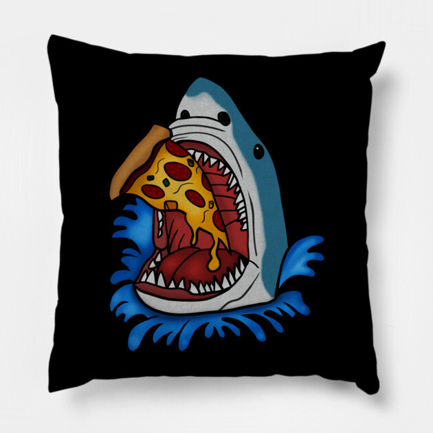 Shark Eating Pizza, Funny Pizza Lover Pillow by logiamerch